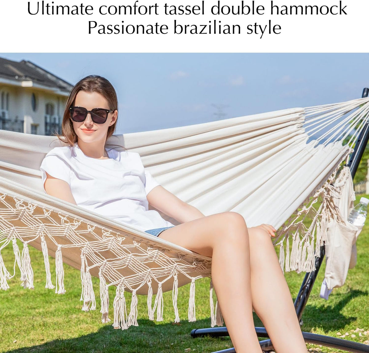 PNAEUT Handmade Tassel Hammock with Stand for Outside, 450 lbs Capacity