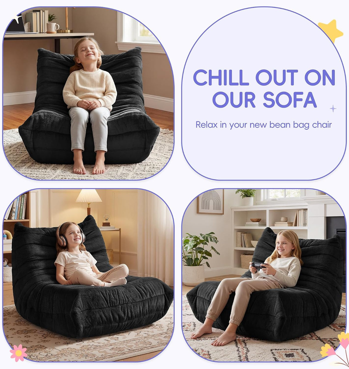 Hobestluk Kids Bean Bag Chair Fluffy Black Small Beanbag Couch