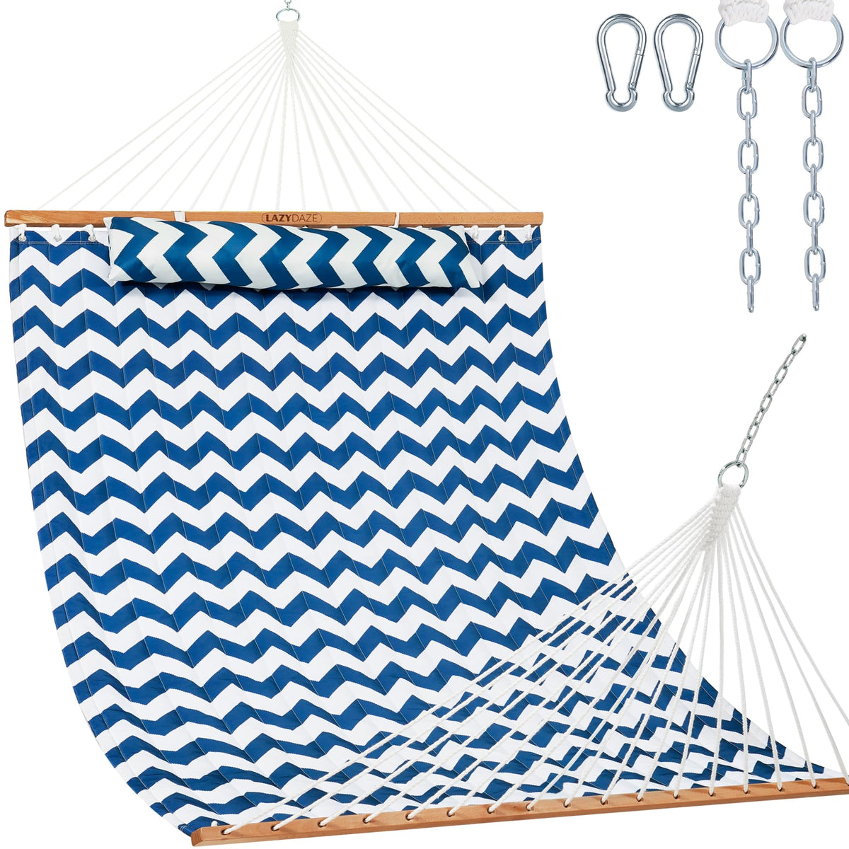 Lazy Daze Double Quilted Hammock with Pillow and Carabiners, Vivid Stripe