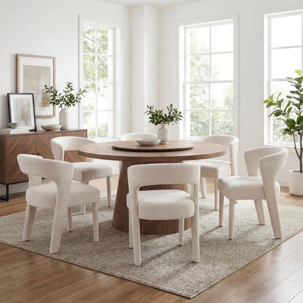 HNY Mid-Century Upholstered Dining Chairs Set of 6, Modern Brown Faux Leather Dining Room Chairs Curved Open Back Accent Side Chairs with Solid Wood Legs for Kitchen Living Room, Brown