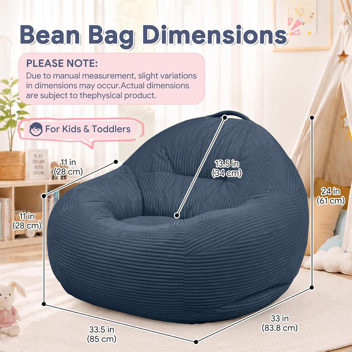 31.5"x31.5"x24" Kids Bean Bag Chair for Kids & Teens,Dark Blue