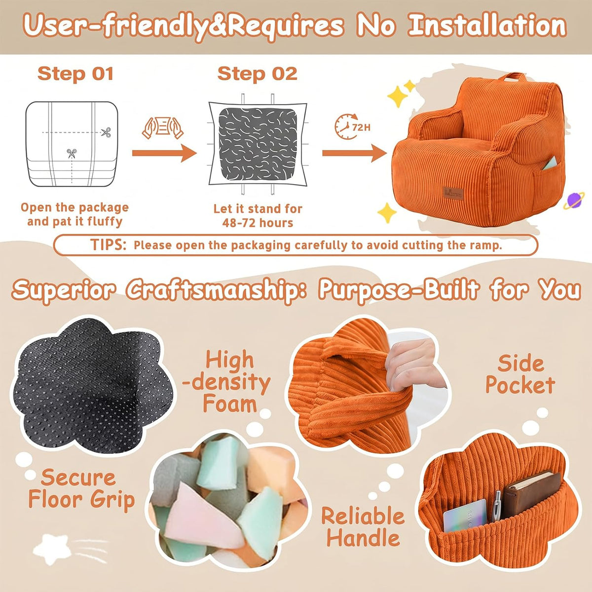 Bean Bag Chairs for Kids, Kids Bean Bag with Side Pocket-BurntOrange