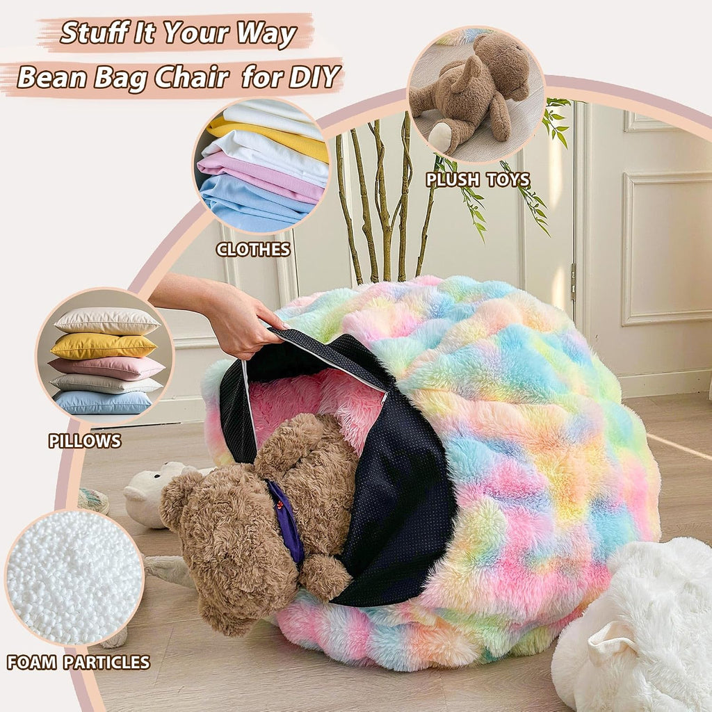 LIFEREVO Kids Fluffy Faux Rabbit Fur Bean Bag Cover, No Filler, Rainbow