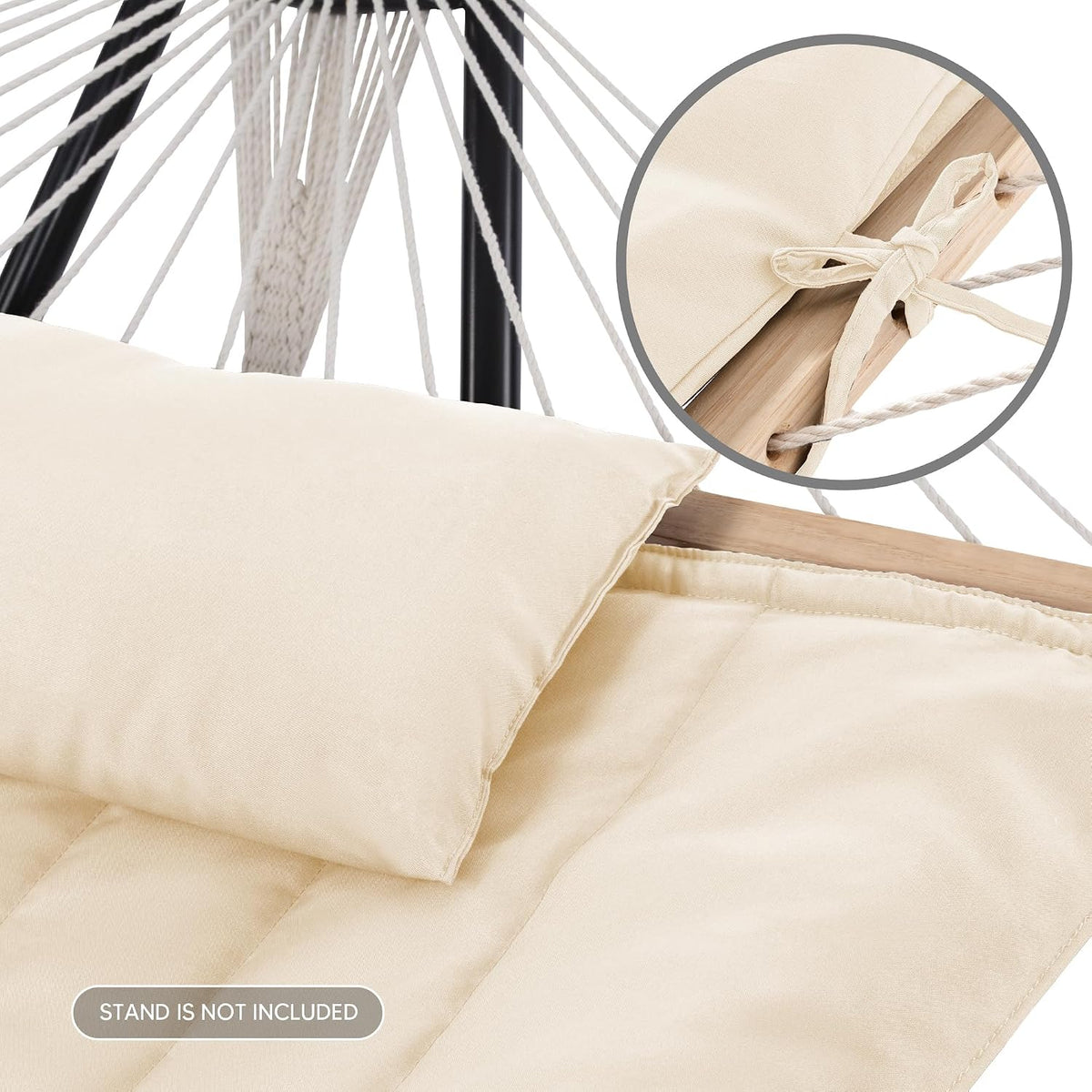 SUNCREAT 2 Person Hammock with Hardwood Spreader Bar, Outdoor Rope Hammock with Polyester Pad, 475 lbs Capacity, Beige