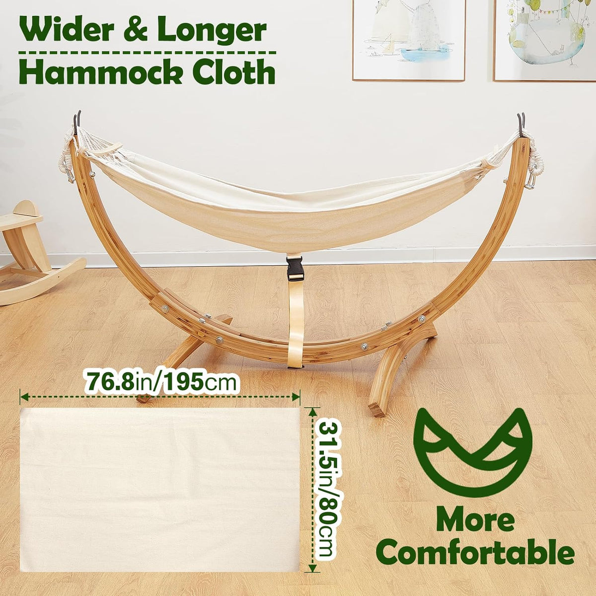FUNLIO Wooden Hammock with Stand for Kids 3-5 Years (Height < 3.9ft/120cm), Premium Solid Wood Kids Hammock Chair Stand, Stable Structure, Wider & Longer Children Hammock, 220lbs Capacity