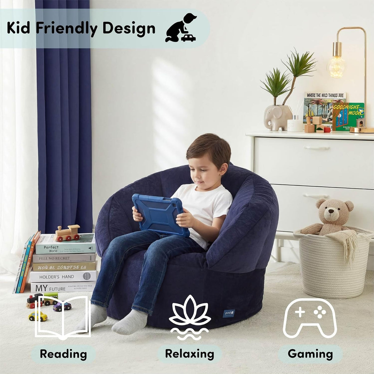 Heritage Kids Pod Curved Back Kids Bean Bag Chair, Soft Plush Lounge Seat for Bedroom or Playroom, Blue