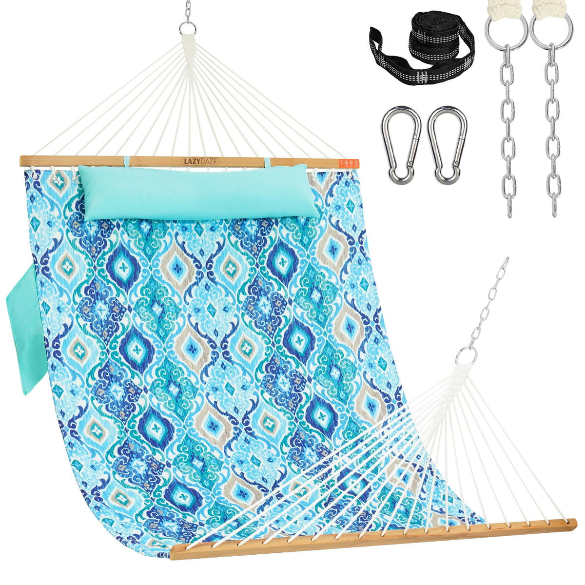 Lazy Daze Double Hammock with Pillow & Tree Straps for Outside, Grey