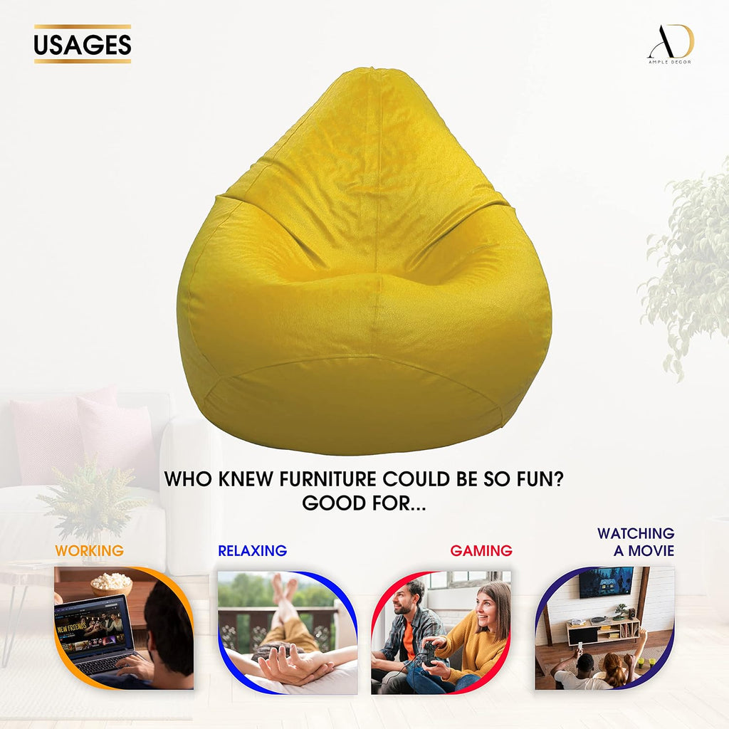 Ample Decor Bean Bag Cover (Filler Not Included), Plush Toys Storage Soft Leatherette, Durable Construction Sturdy Zipper, Ideal for Children and Teenagers - Yellow