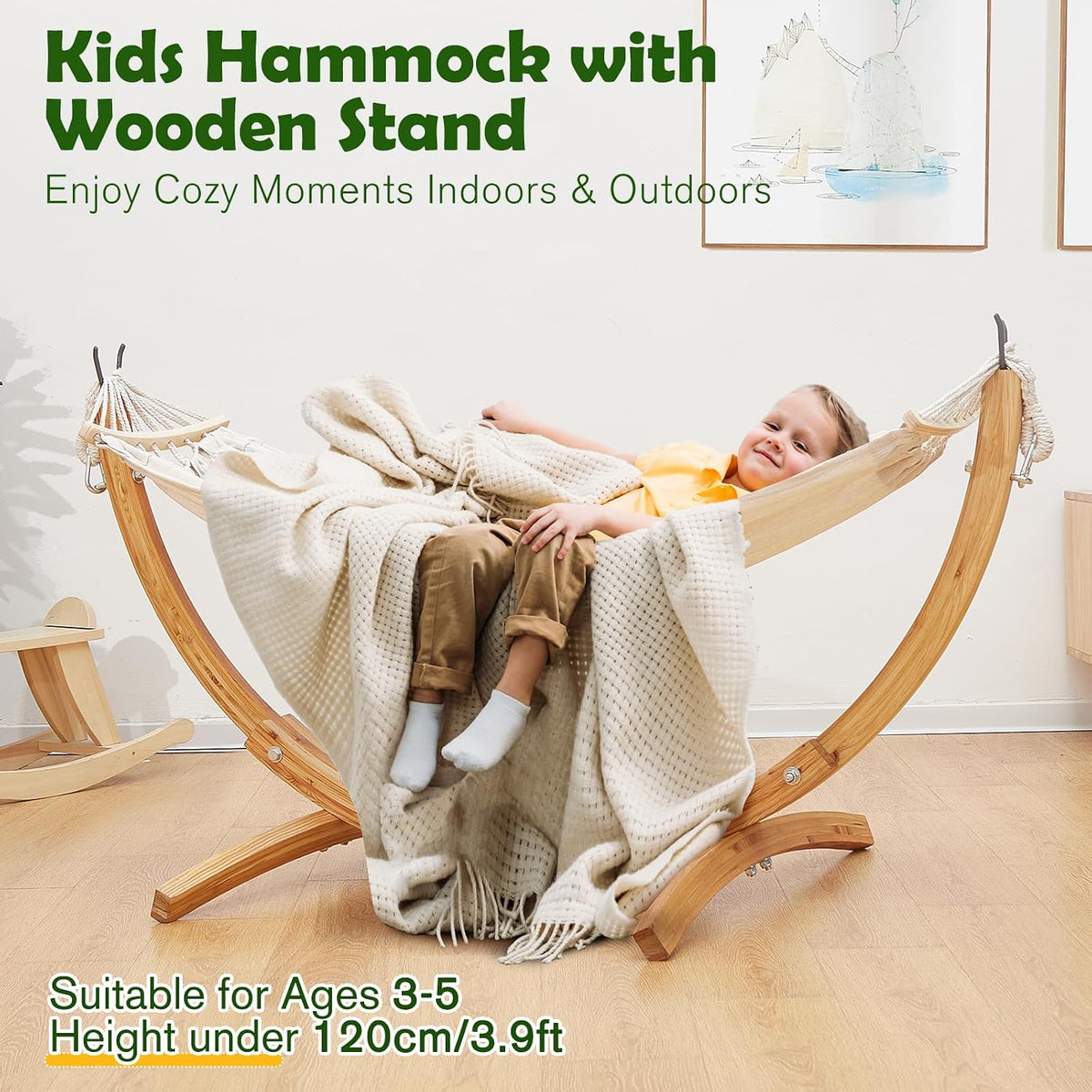 FUNLIO Wooden Hammock with Stand for Kids 3-5 Years (Height < 3.9ft/120cm), Premium Solid Wood Kids Hammock Chair Stand, Stable Structure, Wider & Longer Children Hammock, 220lbs Capacity