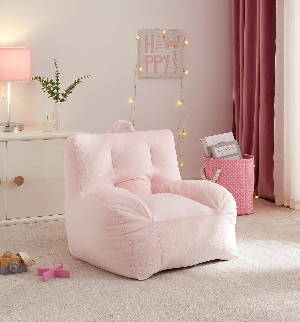 Heritage Kids Pod Square Back Kids Bean Bag Chair, Soft Plush Lounge Seat for Bedroom or Playroom, Blush