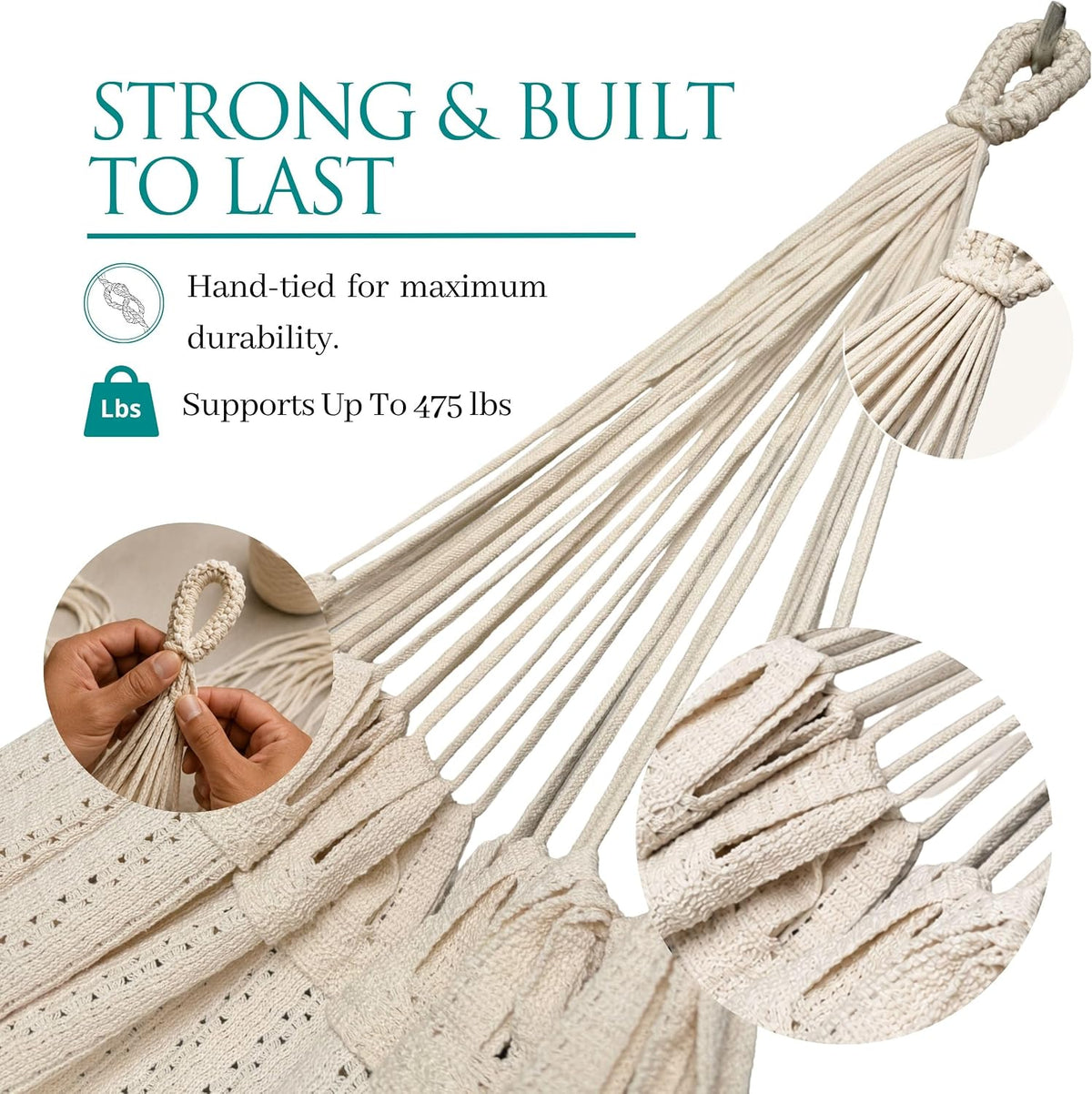 Hammock for 1-2 Person, 475 lbs Capacity – Handwoven Mexican Hammock, 100% Soft Cotton – 9.8 ft Mayan Hammock for Patio, Backyard, Indoor & Camping – Medium, Beige