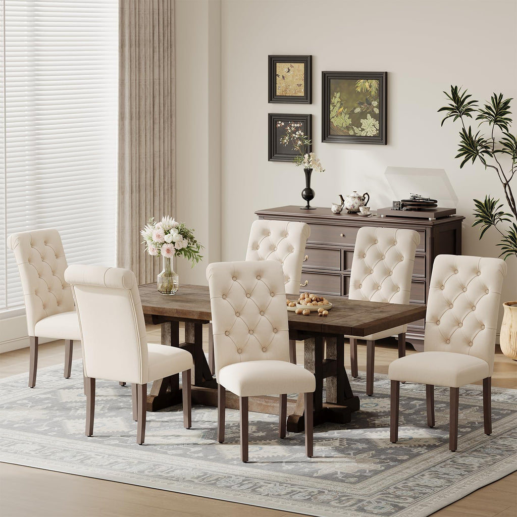 MALOL Upholstered Tufted Dining Room Chairs Set of 4, Parsons Kitchen Chairs with Padded Seat and Solid Wood Legs, Fabric Accent Side Diner Chair for Dining Room/Kitchen/Living Room, Beige
