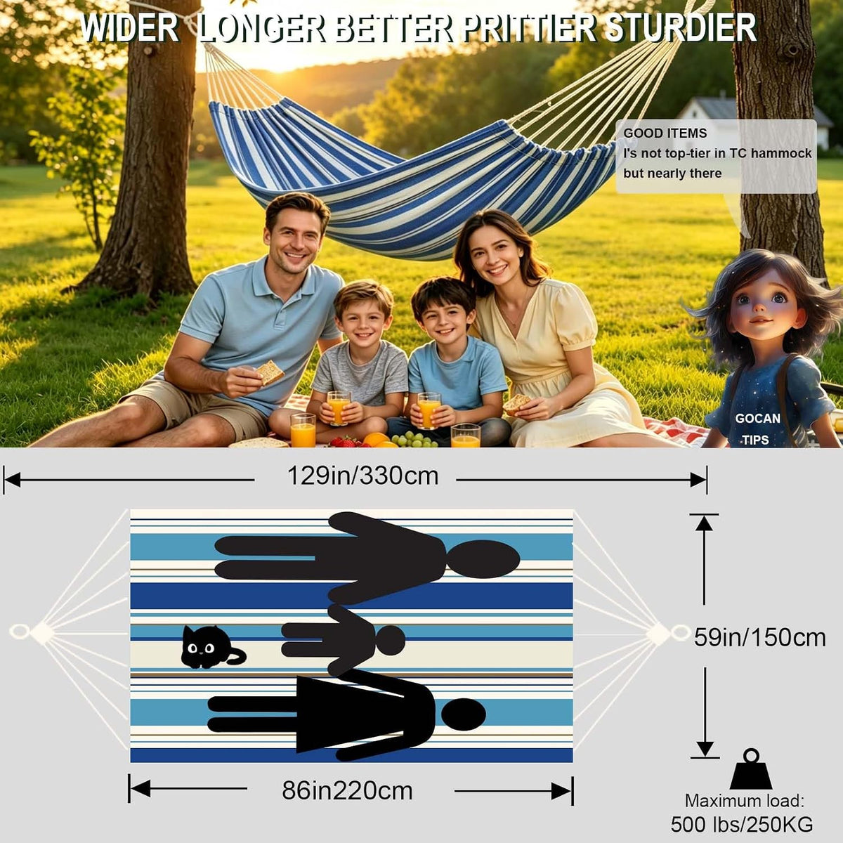 GOCAN Hammock Double 2 Person Extra Large Fabric Size 220 x 150cm
