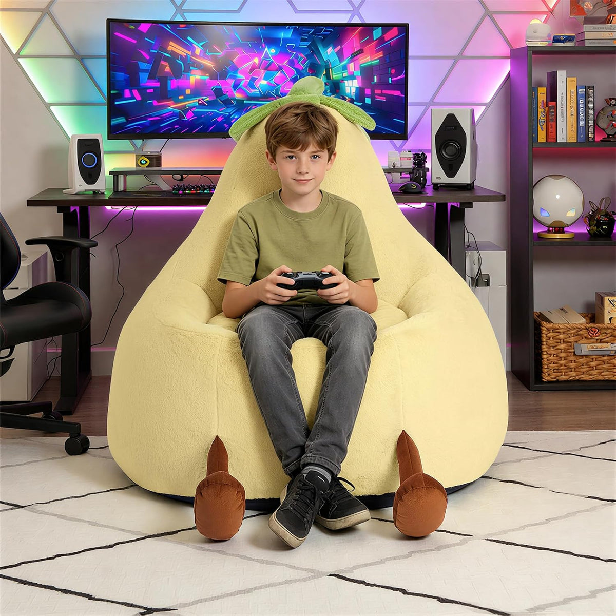 31 Inches Memory Foam Bean Bag Chair - Ultra Soft Faux Rabbit Fur Sofa with Handle & Machine Washable Cover, Comfy Lazy Chair for Kids Teens, Perfect for Reading Gaming in Living Room Bedroom，Yellow