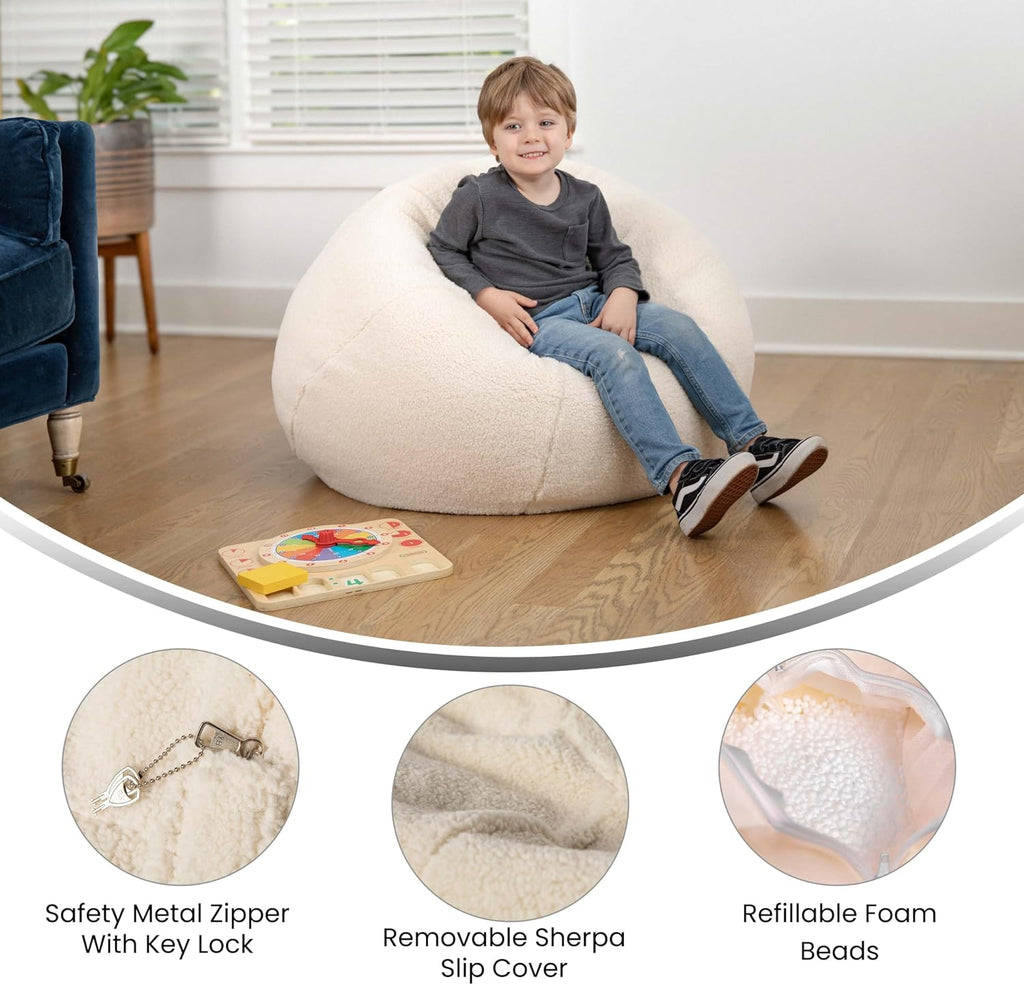Flash Furniture Faux Sherpa Small Refillable Bean Bag Chair, Natural