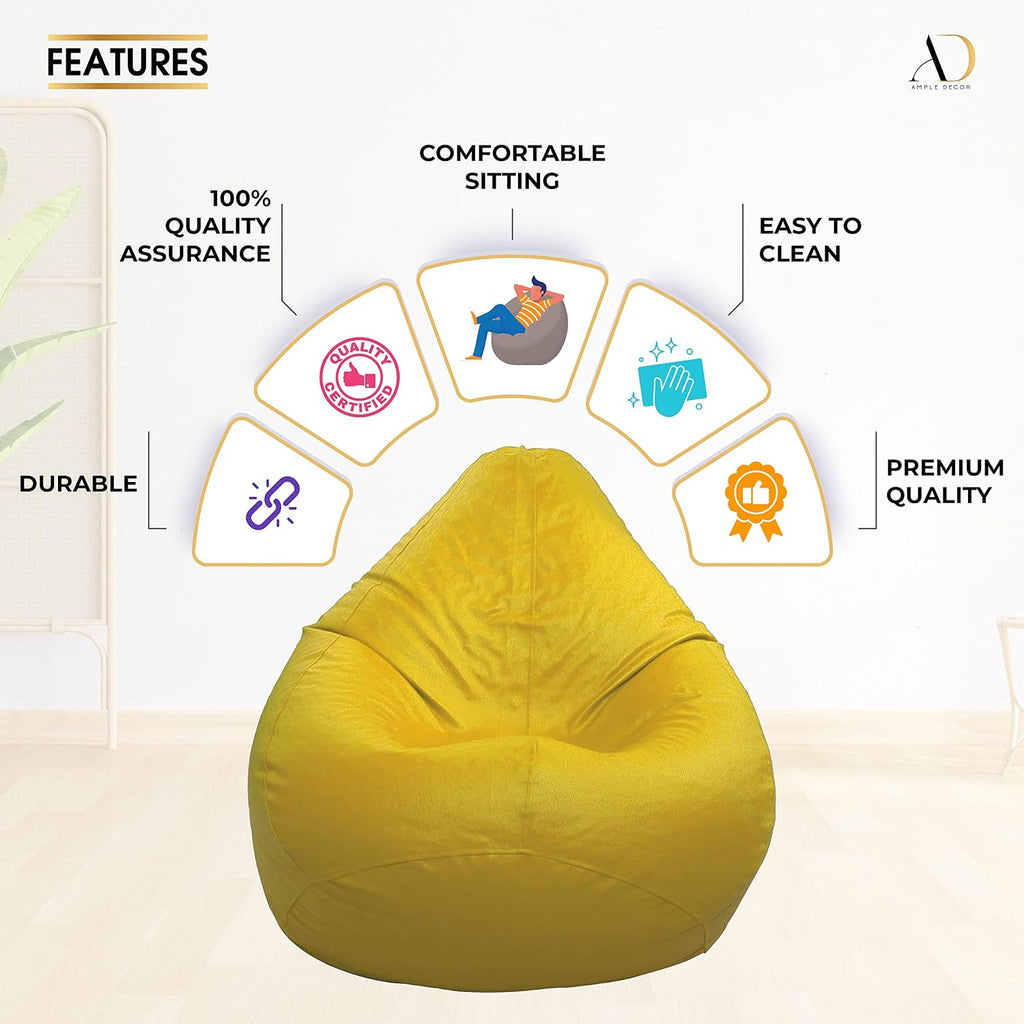 Ample Decor Bean Bag Cover (Filler Not Included), Plush Toys Storage Soft Leatherette, Durable Construction Sturdy Zipper, Ideal for Children and Teenagers - Yellow