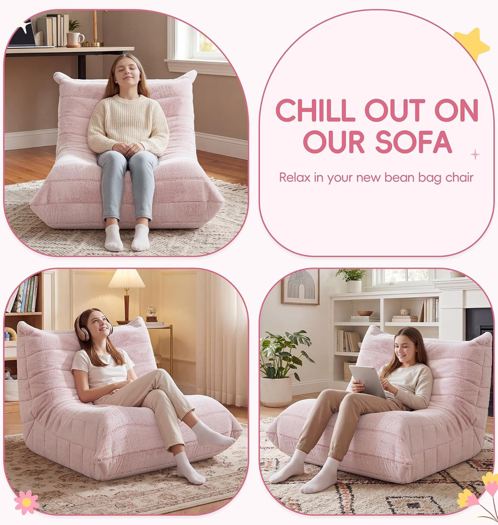 Hobestluk Kids Bean Bag Chair Fluffy Light Pink Large Beanbag Couch