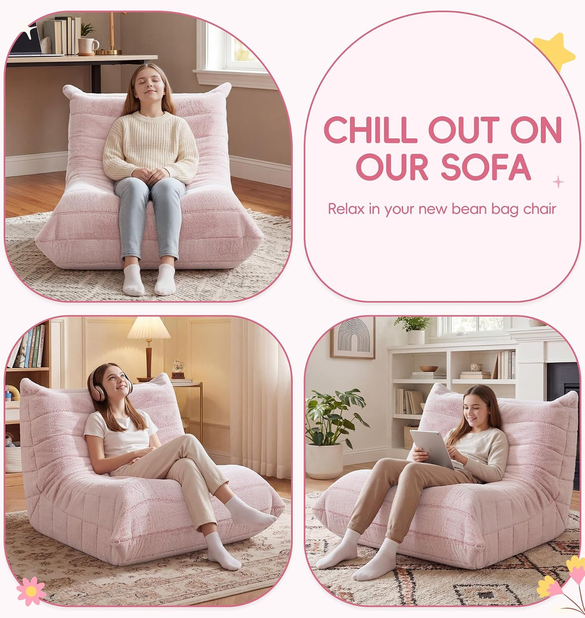 Hobestluk Kids Bean Bag Chair Fluffy Light Pink Large Beanbag Couch