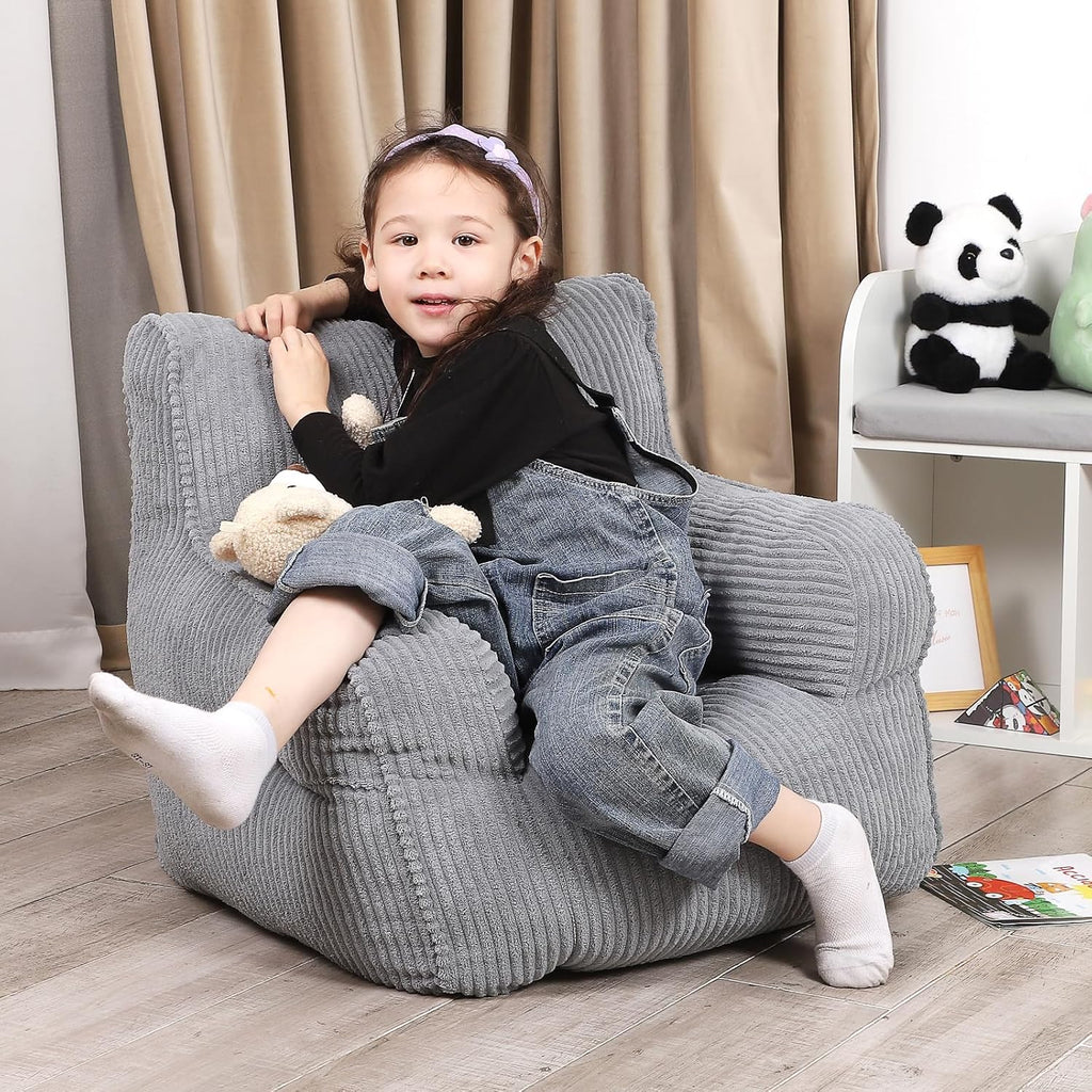 MOMCAYWEX Kids Bean Bag Chair with a Plush Bear, Comfy Toddler Chair for Boys and Girls, Grey