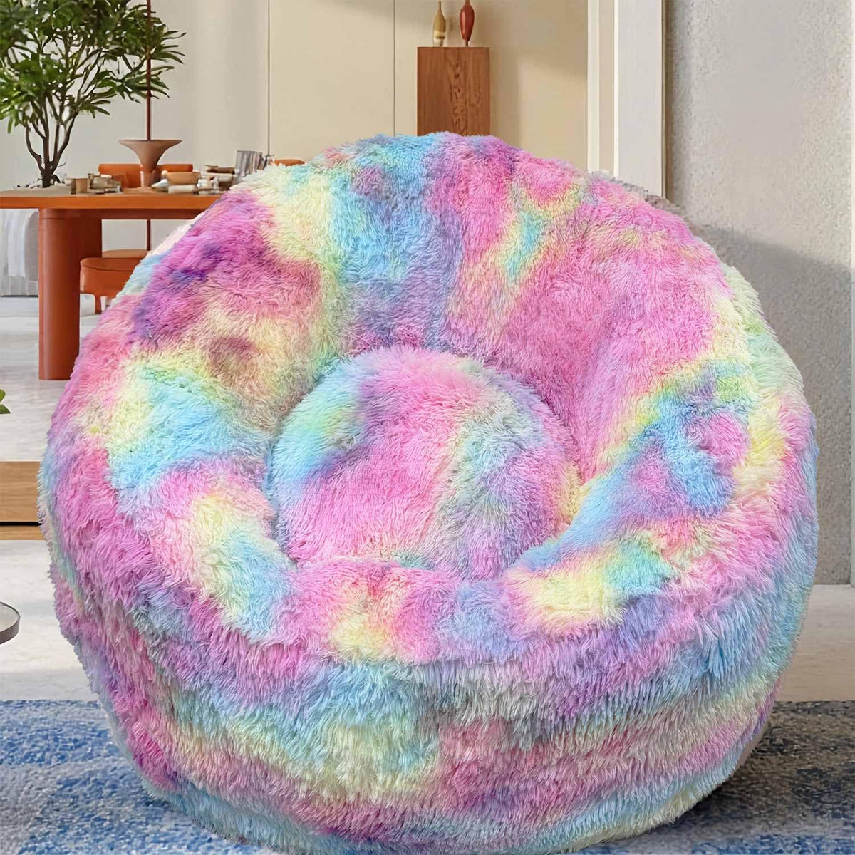 Fluffy Bean Bag Chair for Kids, with Plush Faux Fur Cover, 2.5FT Memory Foam Bean Bag Chairs for Teens & Kids, Ultra Soft Sofa for Living Room/Bedroom/Dorm,Rainbow