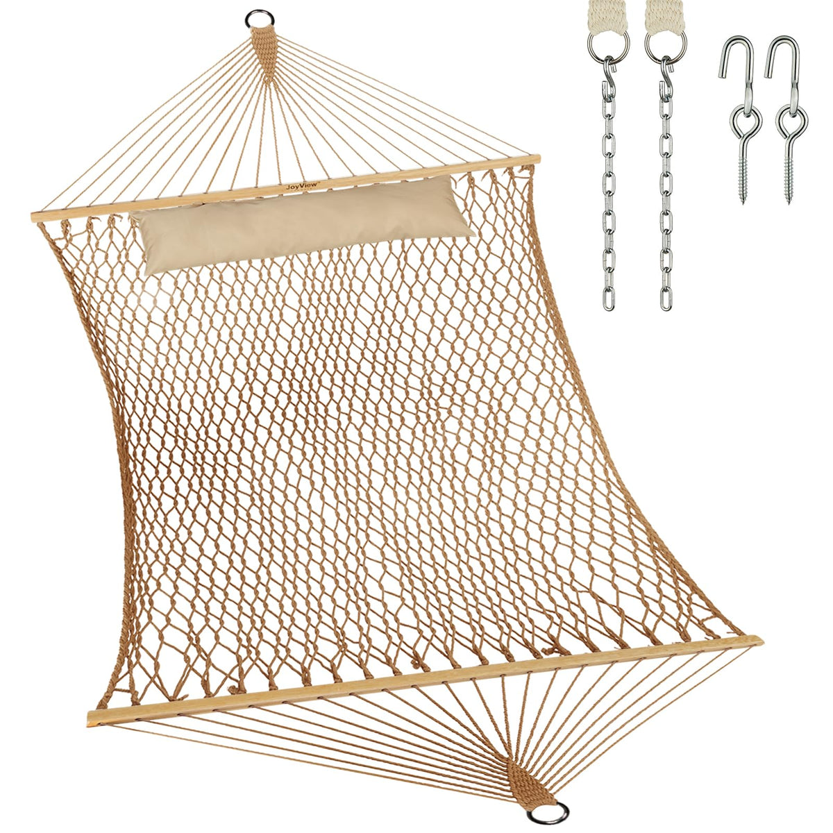 JoyView Traditional Rope Double Hammock - Hand Woven Cotton Hammock with Hardwood Spreader Bar and Pillow 450lb Capacity for Outdoor Indoor Patio Yard - Natural