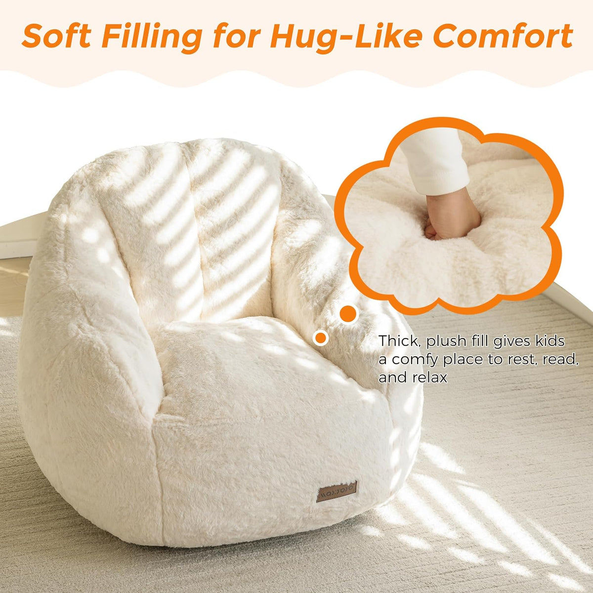 MAXYOYO Kids Bean Bag Chair, Comfy Bean Bag Sofa with Back Support, Faux Fur Cute Chair for Boys and Girls, Stuffed Floor Sofa for Nursery, Bedroom, Beige