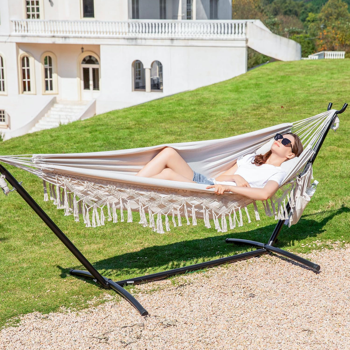 PNAEUT Handmade Tassel Hammock with Stand for Outside, 450 lbs Capacity