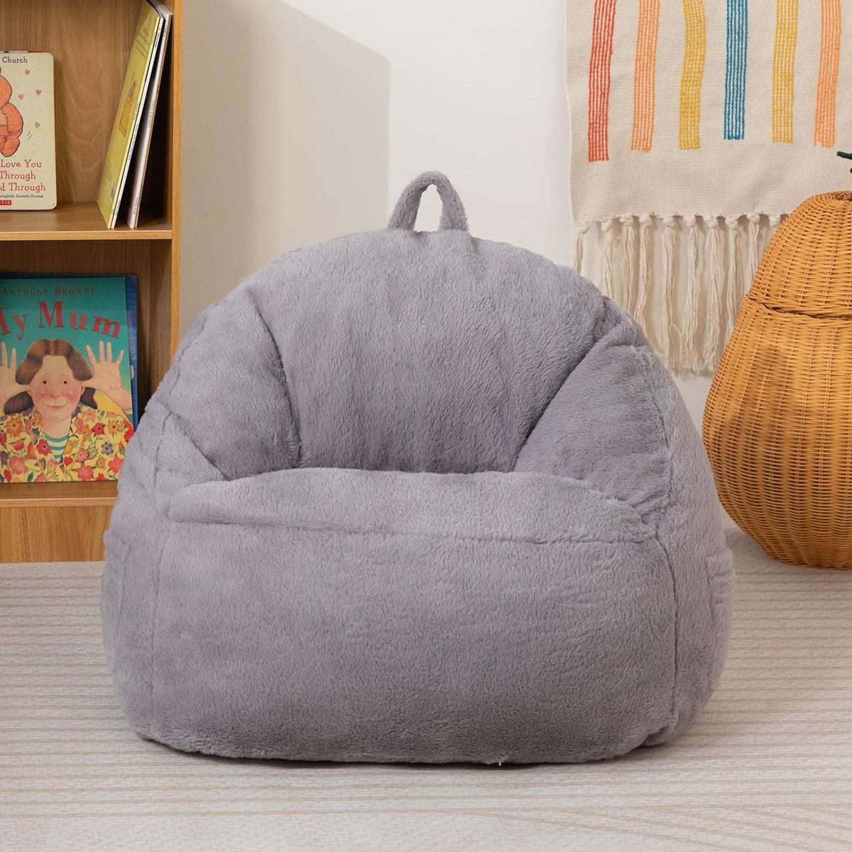 ALIMORDEN Kids Bean Bag Chair, Grey Plush Bean Bag Sofa with Filler, Cozy & Adorable Seating for Children's Bedroom/Playroom