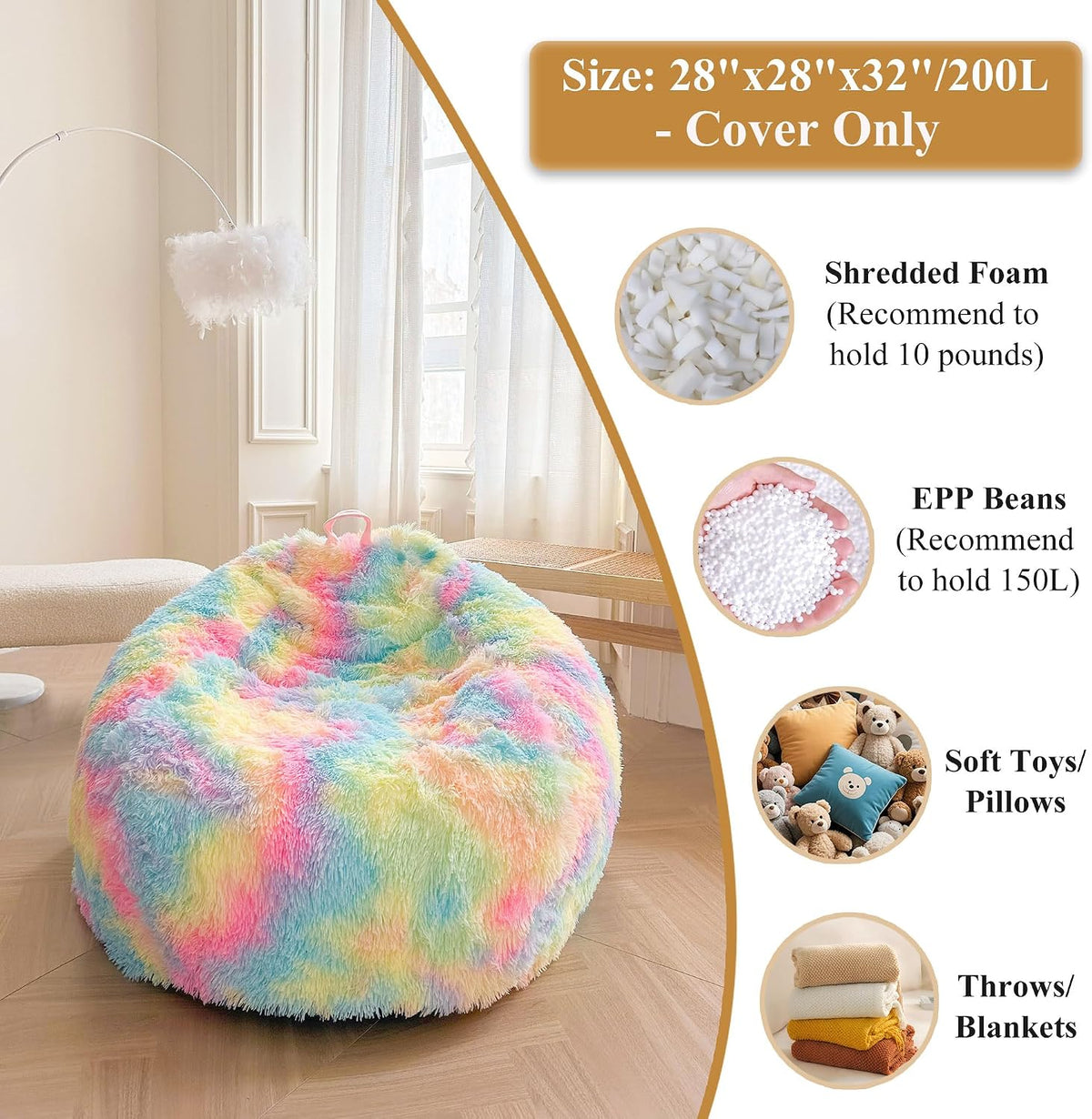 XeGe Kids Fluffy Faux Fur Bean Bag Chair Cover(No Filler), Rainbow