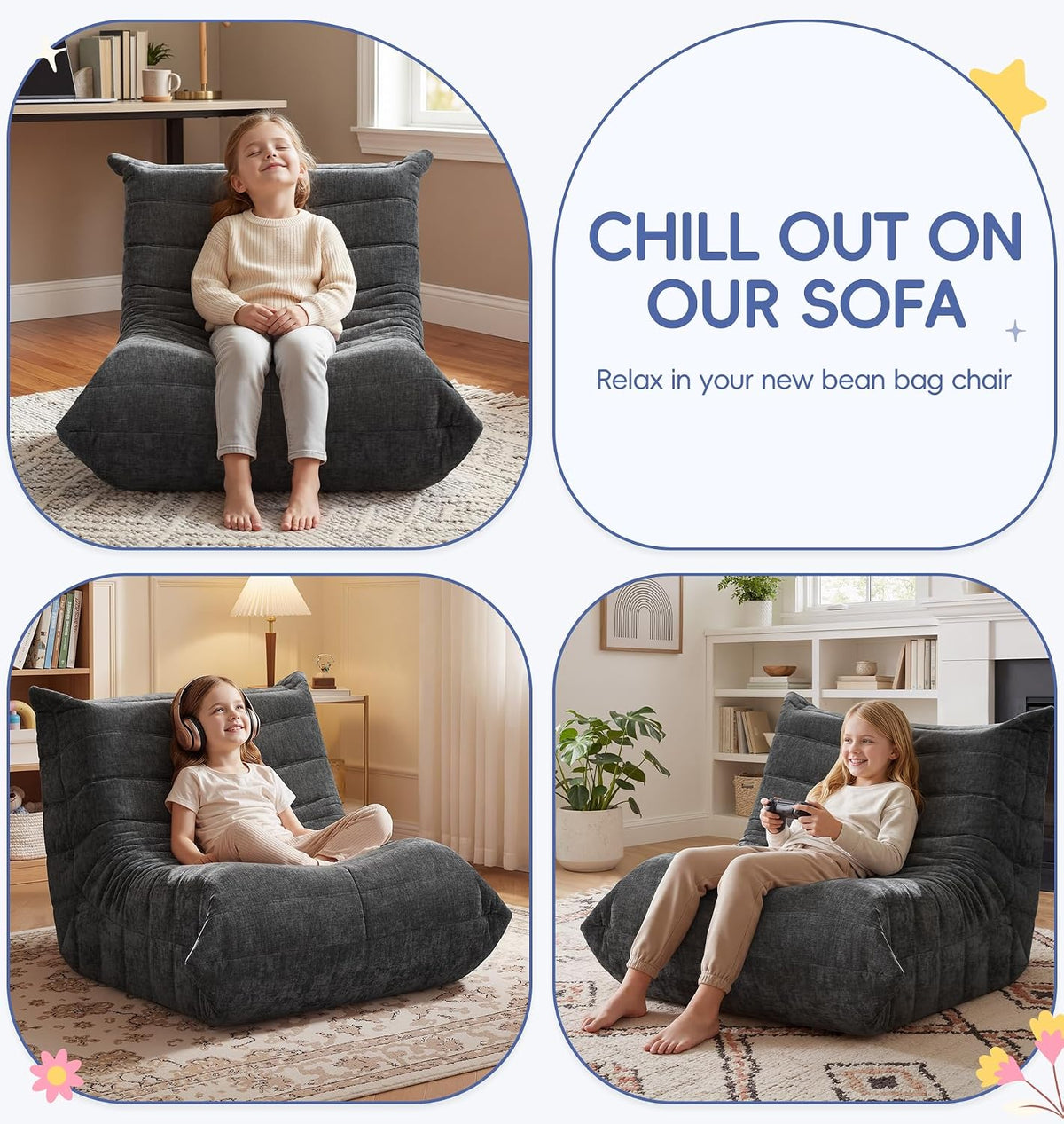 Hobestluk Kids Bean Bag Chair Fluffy Dark Grey Large Beanbag Couch