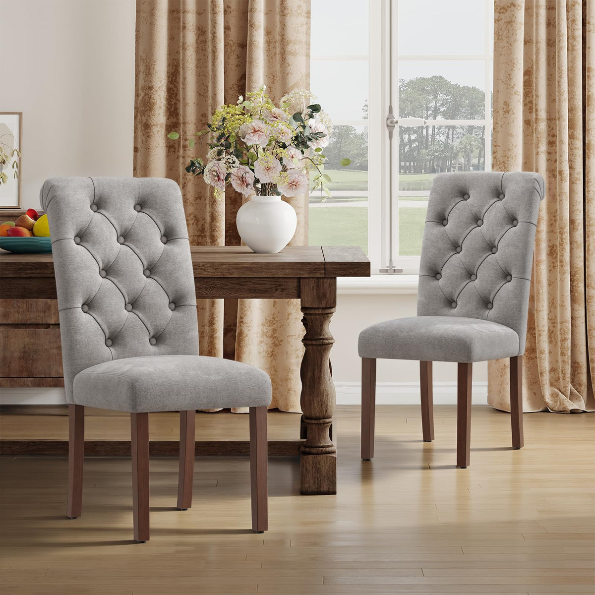MALOL Upholstered Tufted Dining Room Chairs Set of 4, Parsons Kitchen Chairs with Padded Seat and Solid Wood Legs, Fabric Accent Side Diner Chair for Dining Room/Kitchen/Living Room, Beige