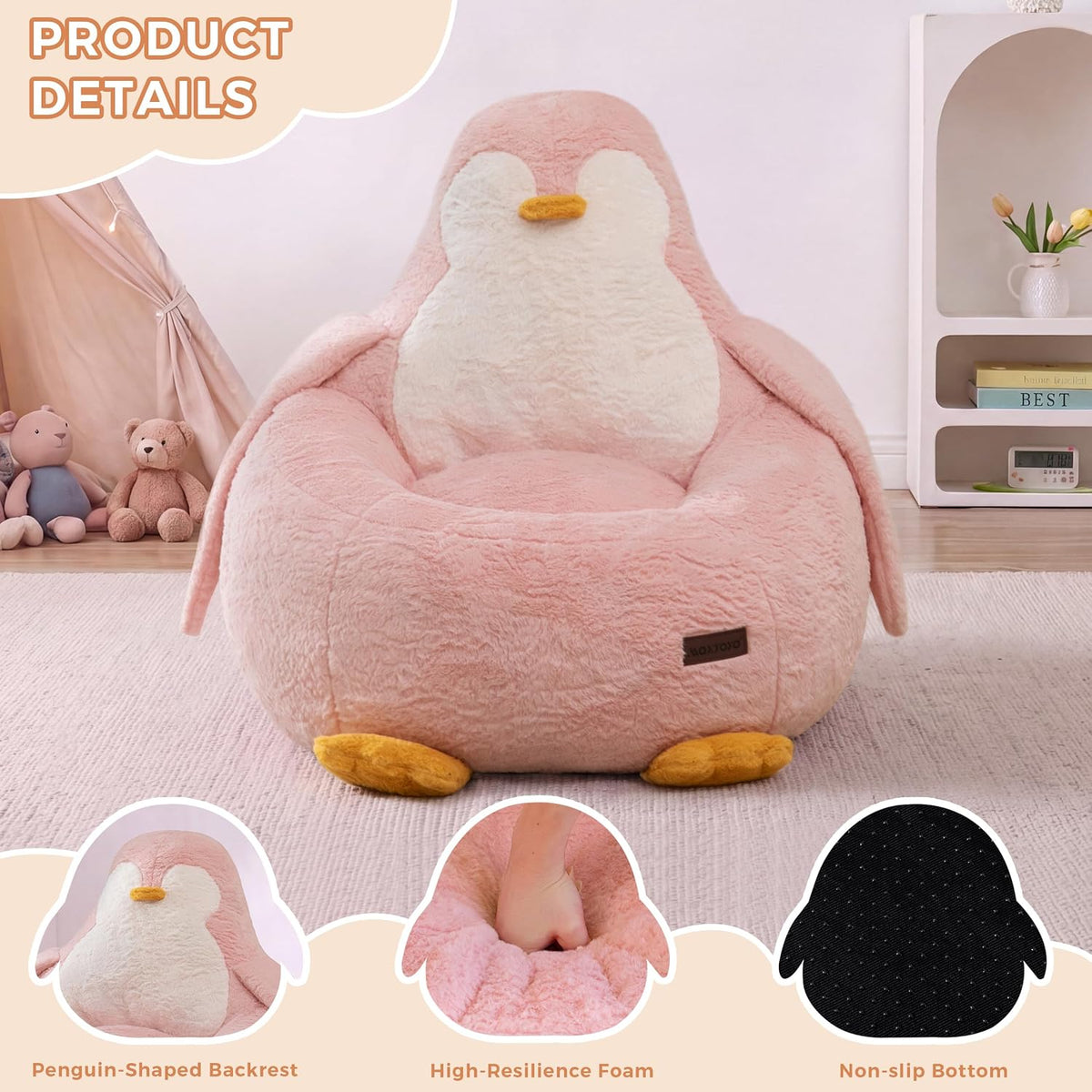 MAXYOYO Kids Bean Bag Chair, Cute Floor Sofa with Penguin‑Shaped Backrest