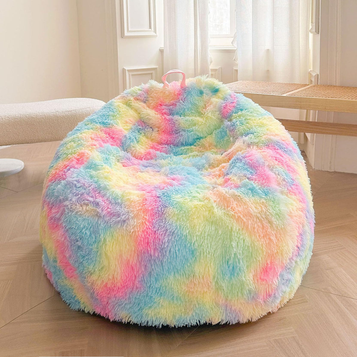 XeGe Kids Fluffy Faux Fur Bean Bag Chair Cover(No Filler), Rainbow