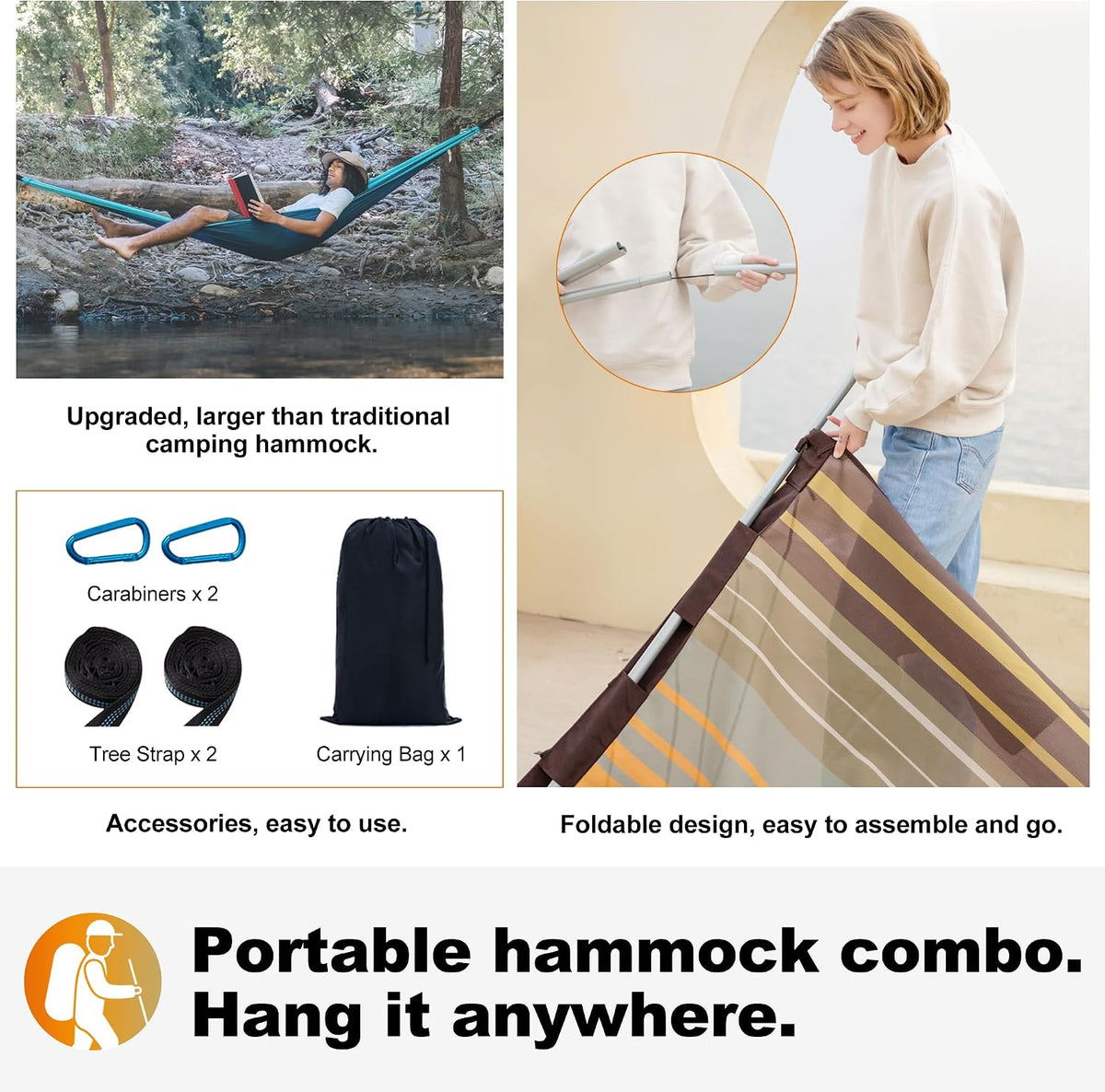 GAFETE 14ft Portable 2 Person Hammock, Quick Dry Textilene, 550 lb Capacity
