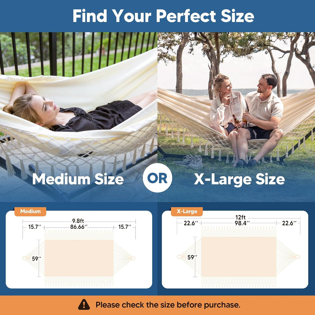 SUNCREAT Portable Camping Hammock for Outside, Heavy Duty 2 Person Hammock Bed for Tree, Beige with Tassels