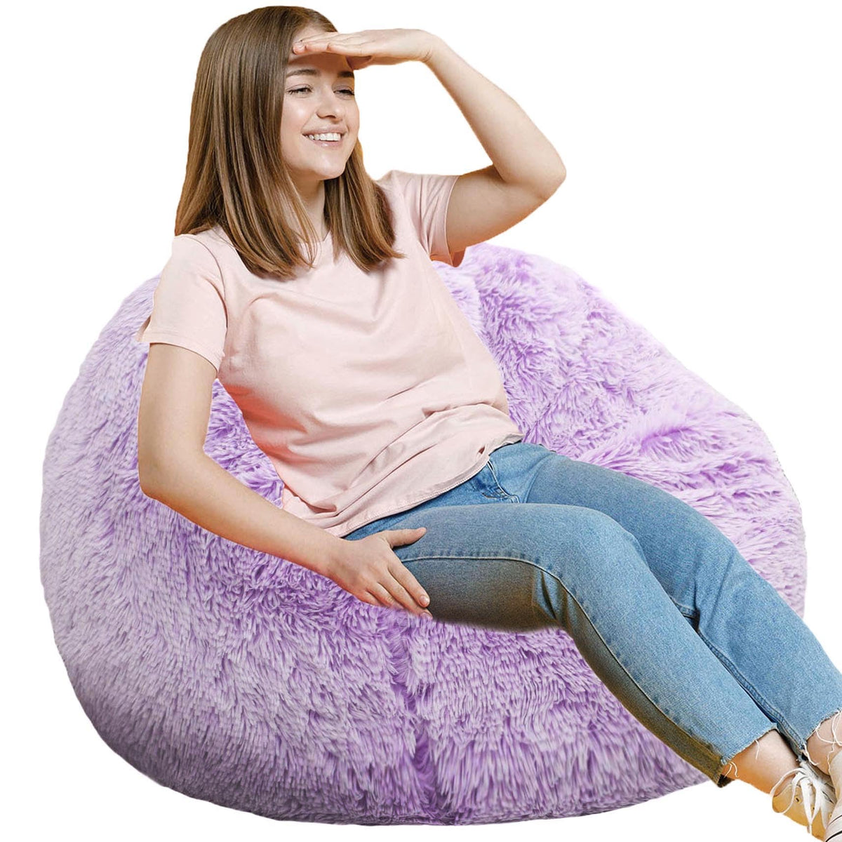Fluffy Bean Bag Chair for Kids, 2.5FT Round Memory Foam Filled Bean Bag for Teens & Kids, Ultra Soft Faux Fur Fabric Bean Bag Chairs for Playroom, Living Room, Bedroom, Dark Green