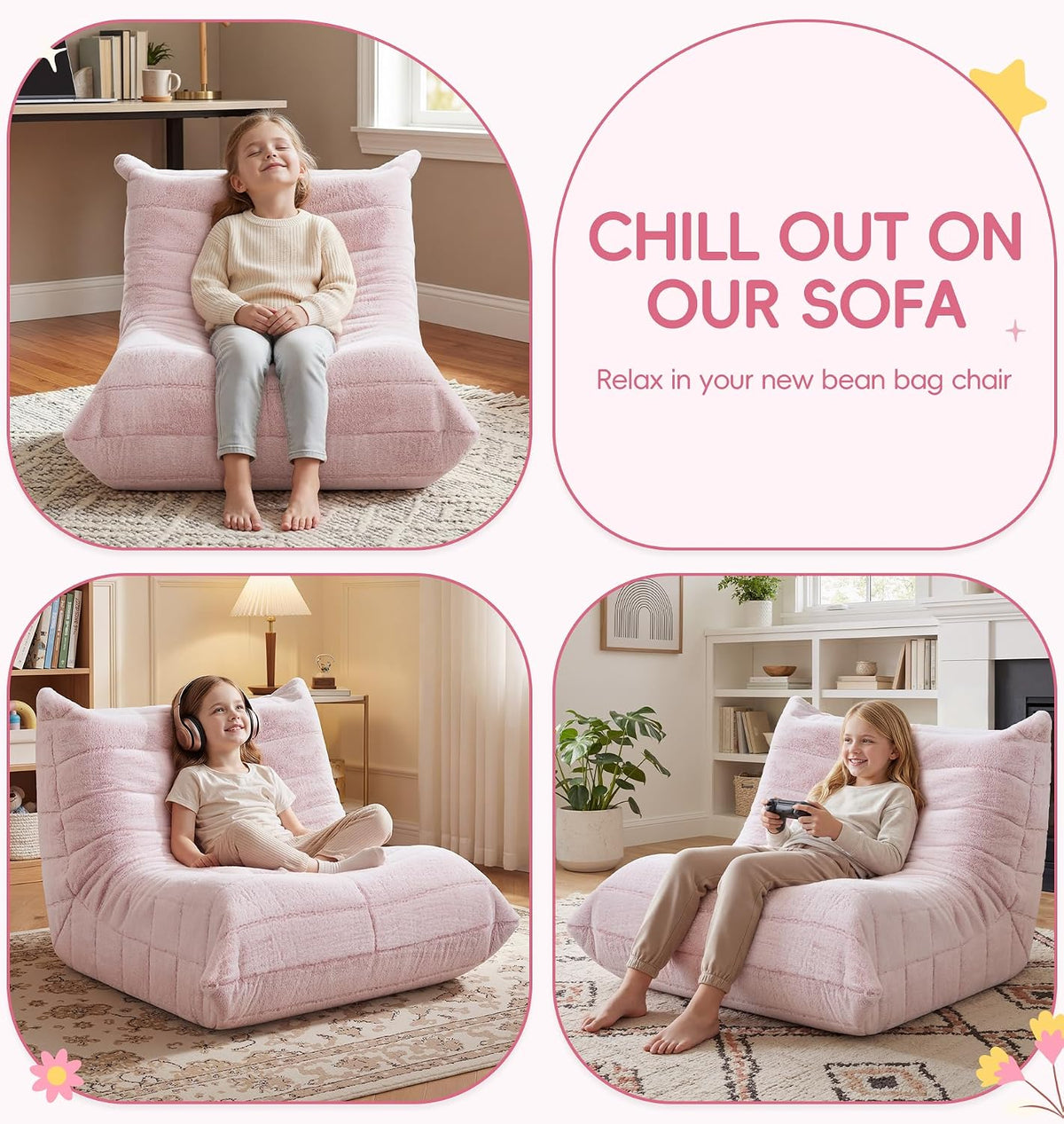 Hobestluk Kids Bean Bag Chair Fluffy Light Pink Small Beanbag Couch