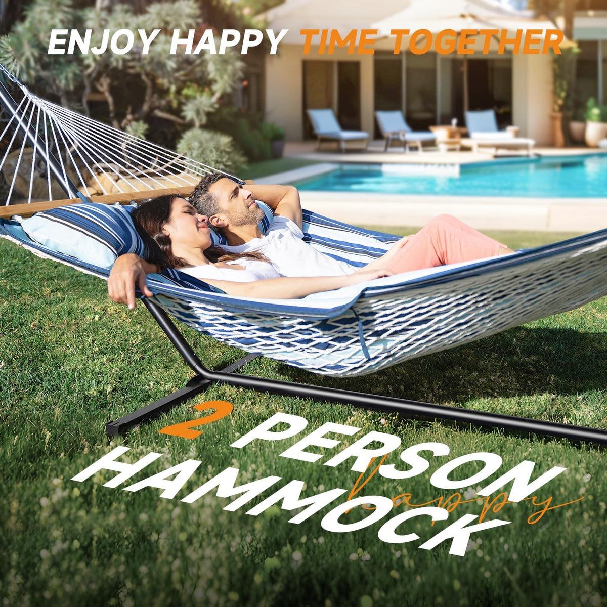 Everyfun 2 Person Double Hammock with Stand, 500 lb Cotton Rope, Blue
