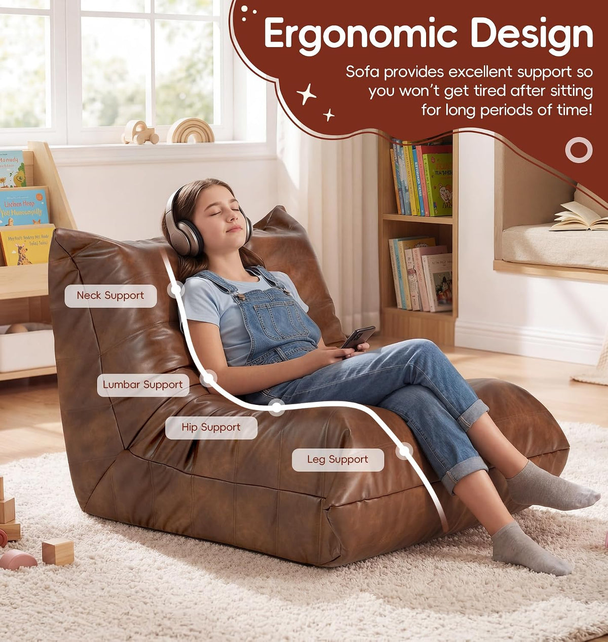 Hobestluk Bean Bag Chair for Teens Large Beanbag Couch with Leather Fabric