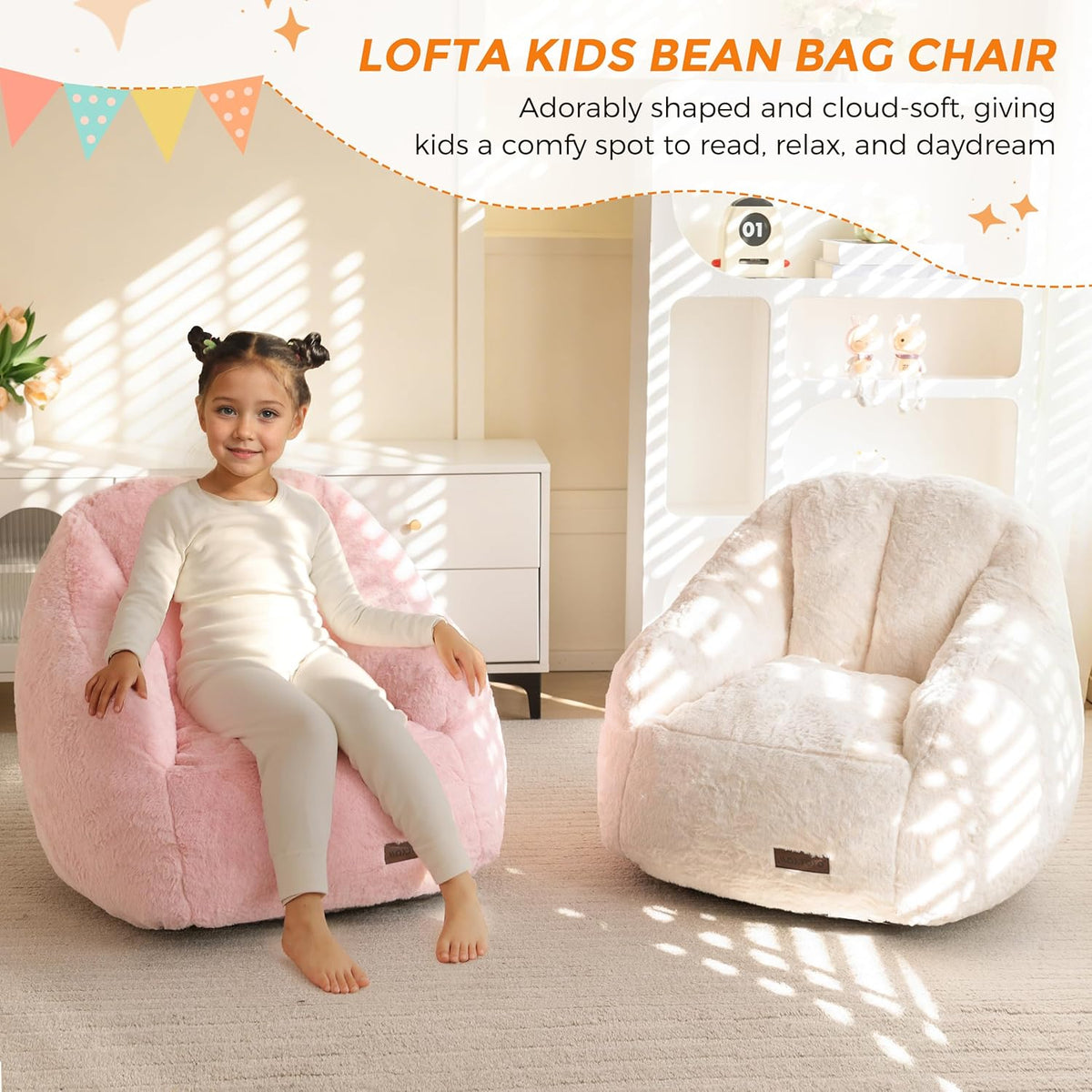 MAXYOYO Kids Bean Bag Chair, Comfy Bean Bag Sofa with Back Support, Faux Fur Cute Chair for Boys and Girls, Stuffed Floor Sofa for Nursery, Bedroom, Pink