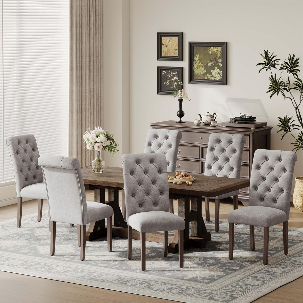 MALOL Upholstered Tufted Dining Room Chairs Set of 4, Parsons Kitchen Chairs with Padded Seat and Solid Wood Legs, Fabric Accent Side Diner Chair for Dining Room/Kitchen/Living Room, Beige