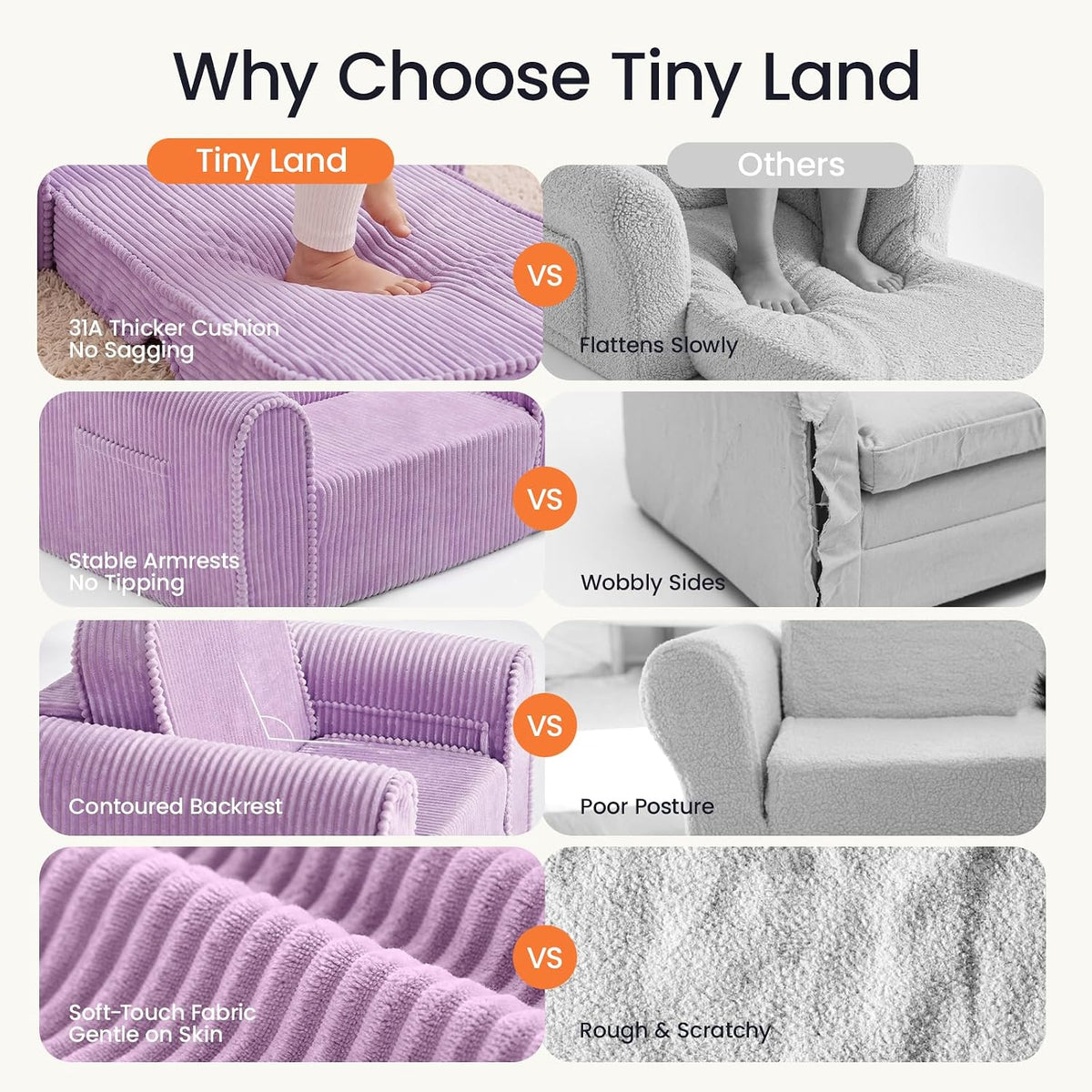 Tiny Land 2-in-1 Foldable Kids Couch, Thick Foam Corduroy Sofa with Pocket