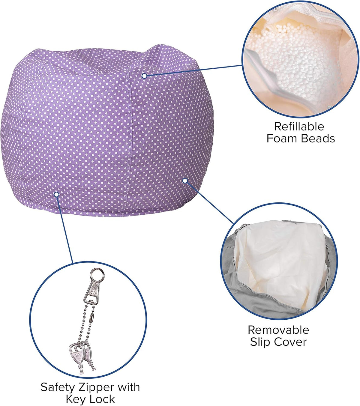 BizChair Small Lavender Dot Refillable Bean Bag Chair for Kids and Teens