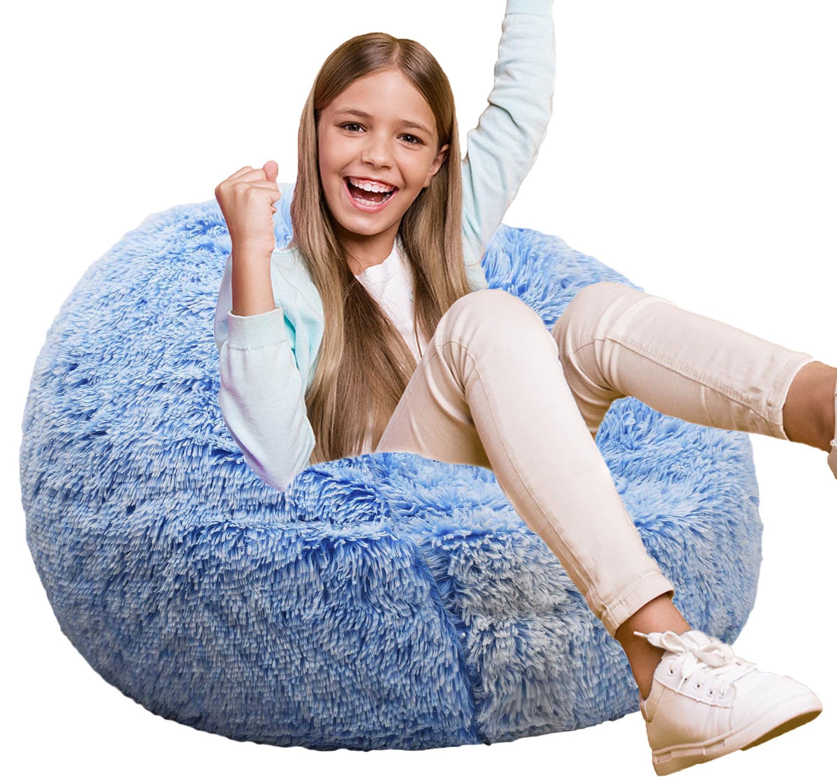 Fluffy Bean Bag Chair for Kids, 2.5FT Round Memory Foam Filled Bean Bag for Teens & Kids, Ultra Soft Faux Fur Fabric Bean Bag Chairs for Playroom, Living Room, Bedroom, Dark Green