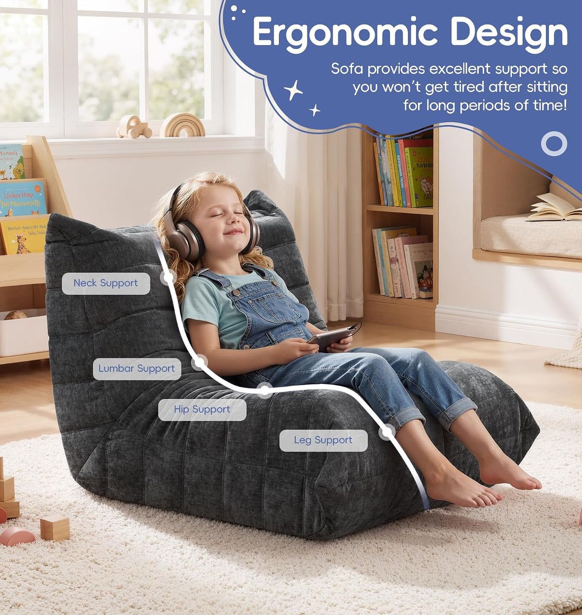 Hobestluk Kids Bean Bag Chair Fluffy Dark Grey Large Beanbag Couch