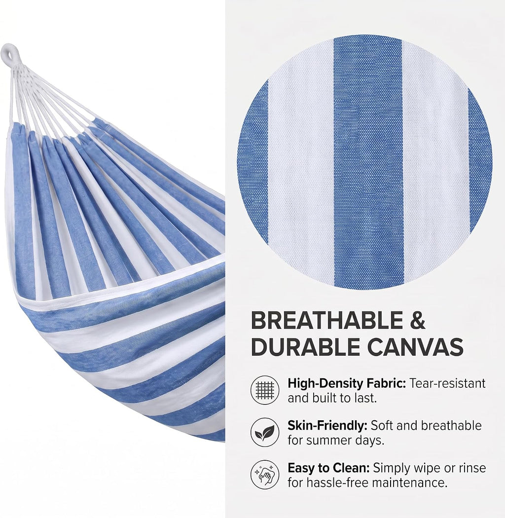 Canvas Hammock 122" Long X 59" Wide 2 Person Hammock 440 pounds Maximum Weight Applicable Scenes in Courtyard Autumn, Indoor Hanging Chairs, Beach Leisure (Blue White, Full)