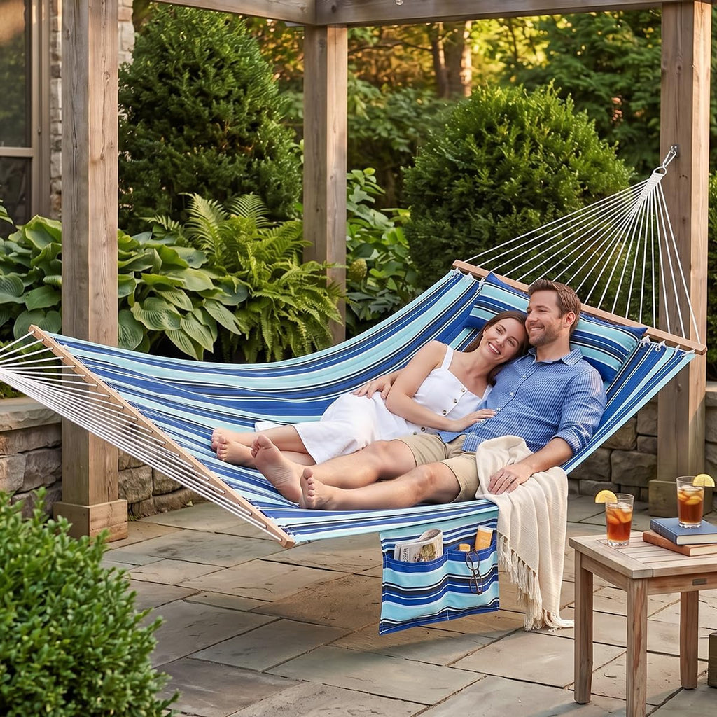 GAFETE 12ft 2 Person Hammock for Outside with Hardwood Spreader Bar