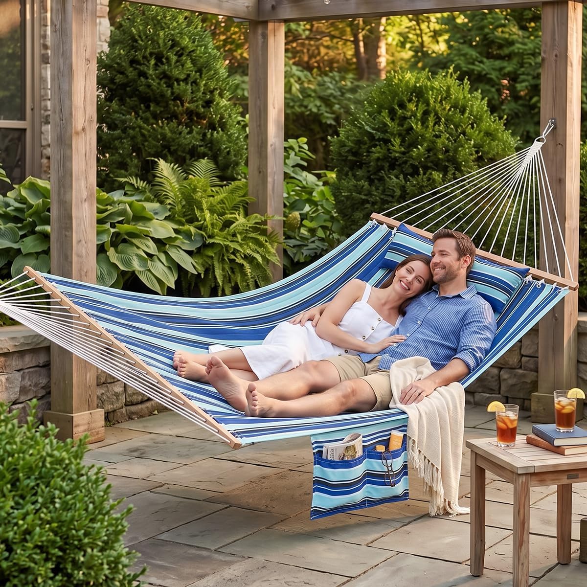 GAFETE 12ft 2 Person Hammock for Outside with Hardwood Spreader Bar