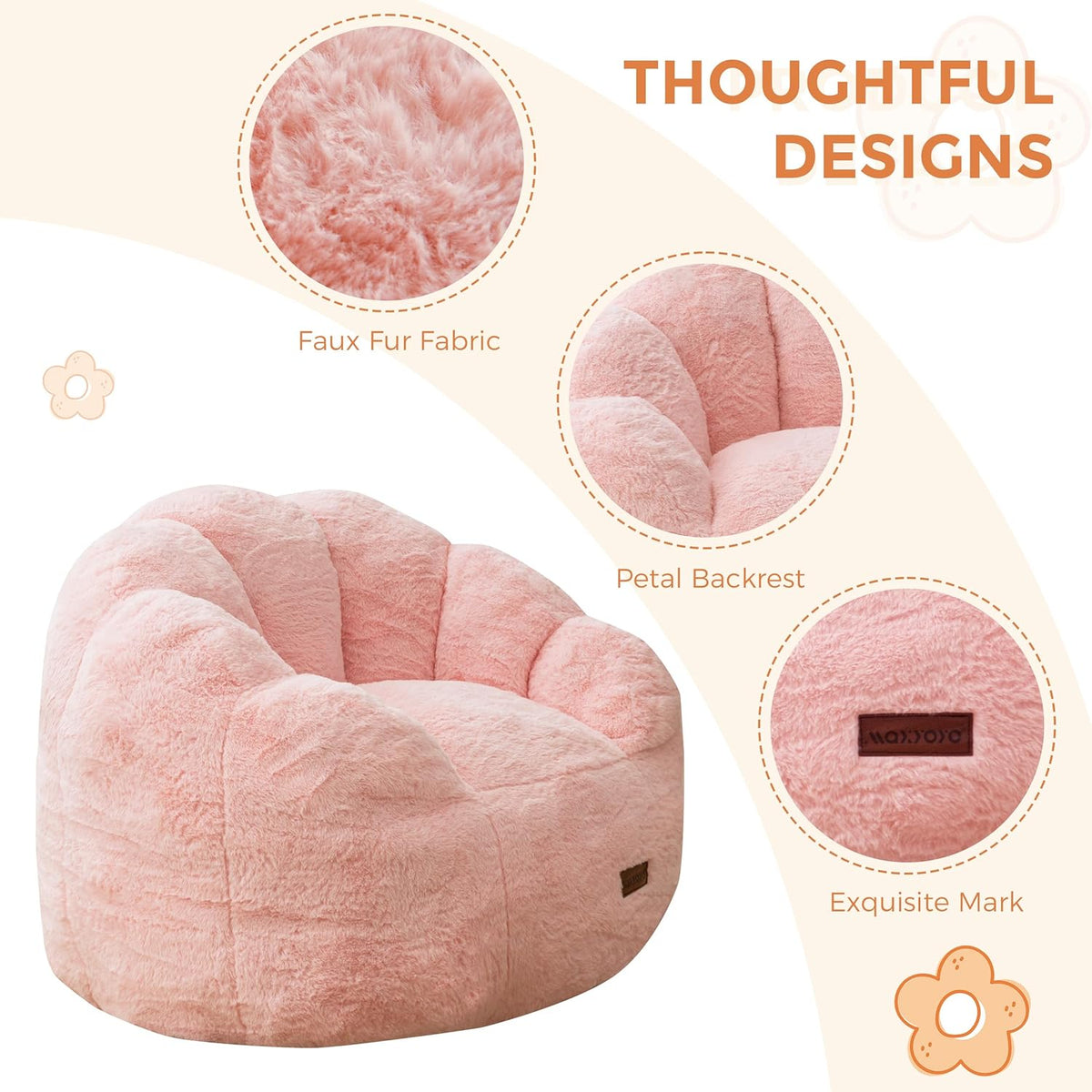 MAXYOYO Kids Bean Bag Chair, Floral Shaped Bean Bag Sofa, Pink