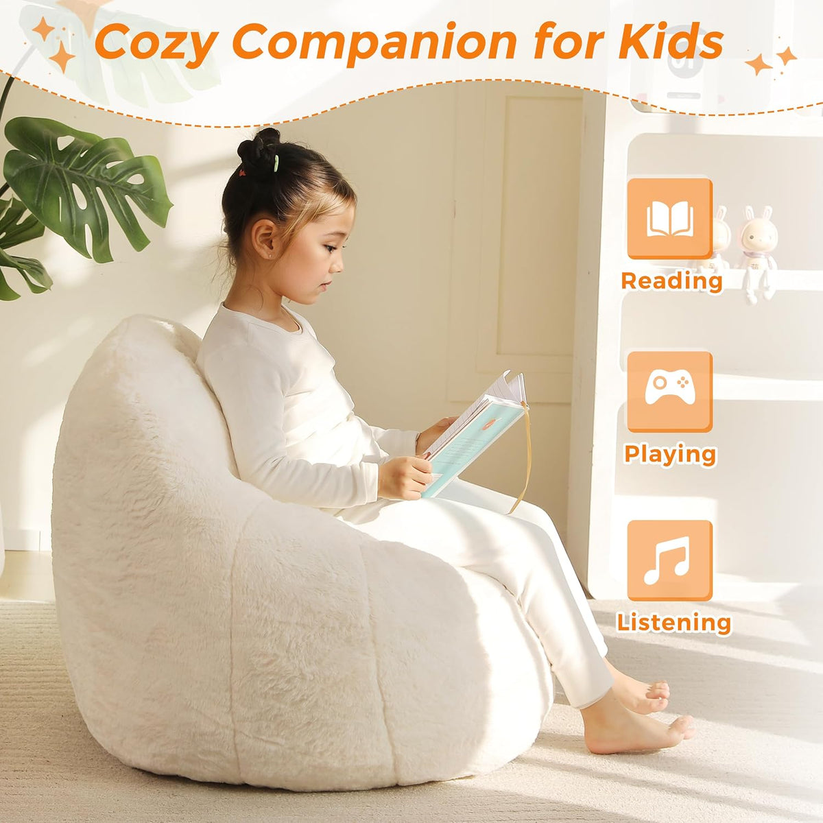 MAXYOYO Kids Bean Bag Chair, Comfy Bean Bag Sofa with Back Support, Faux Fur Cute Chair for Boys and Girls, Stuffed Floor Sofa for Nursery, Bedroom, Beige